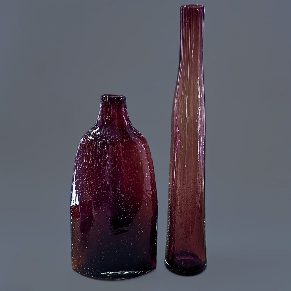 Vintage Amethyst Art Glass Vase Set of 2 Hand Blown Mid Century